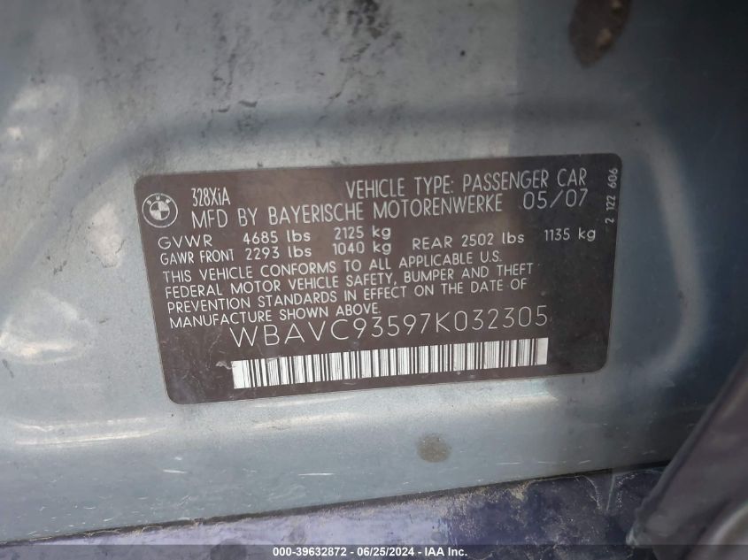 2007 BMW 328Xi 328Xi VIN: WBAVC93597K032305 Lot: 39632872