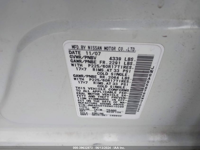 2008 Nissan Rogue Sl VIN: JN8AS58T88W010296 Lot: 39632873