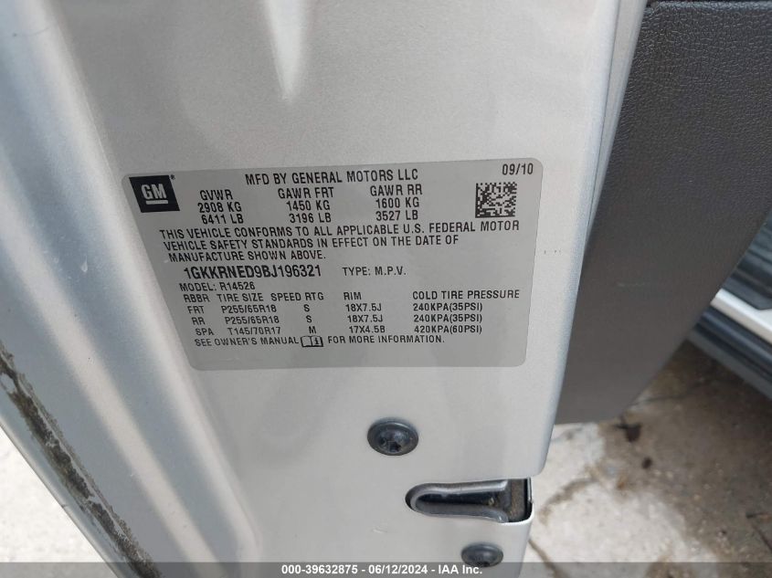 2011 GMC Acadia Sl VIN: 1GKKRNED9BJ196321 Lot: 39632875