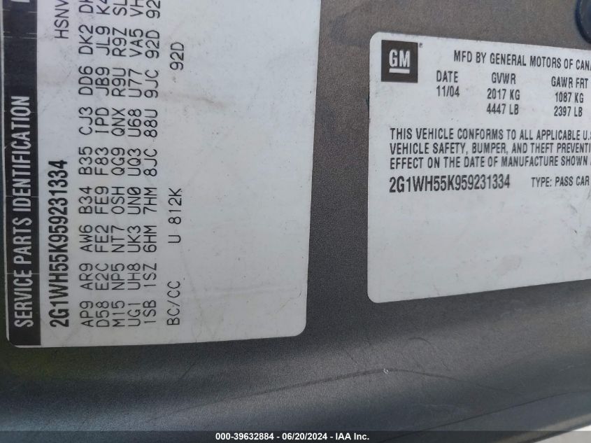 2005 Chevrolet Impala Ls VIN: 2G1WH55K959231334 Lot: 39632884