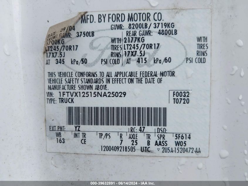 2005 Ford F-150 Lariat/Xl/Xlt VIN: 1FTVX12515NA25029 Lot: 39632891