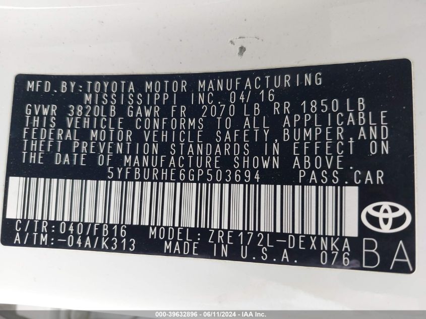 2016 TOYOTA COROLLA LE - 5YFBURHE6GP503694