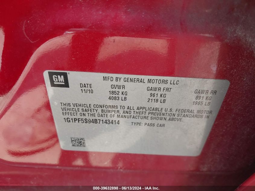 2011 Chevrolet Cruze 1Lt VIN: 1G1PF5S94B7143414 Lot: 39632898