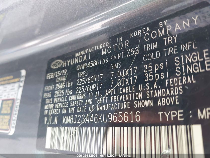 2019 Hyundai Tucson Se VIN: KM8J23A46KU965616 Lot: 39632903