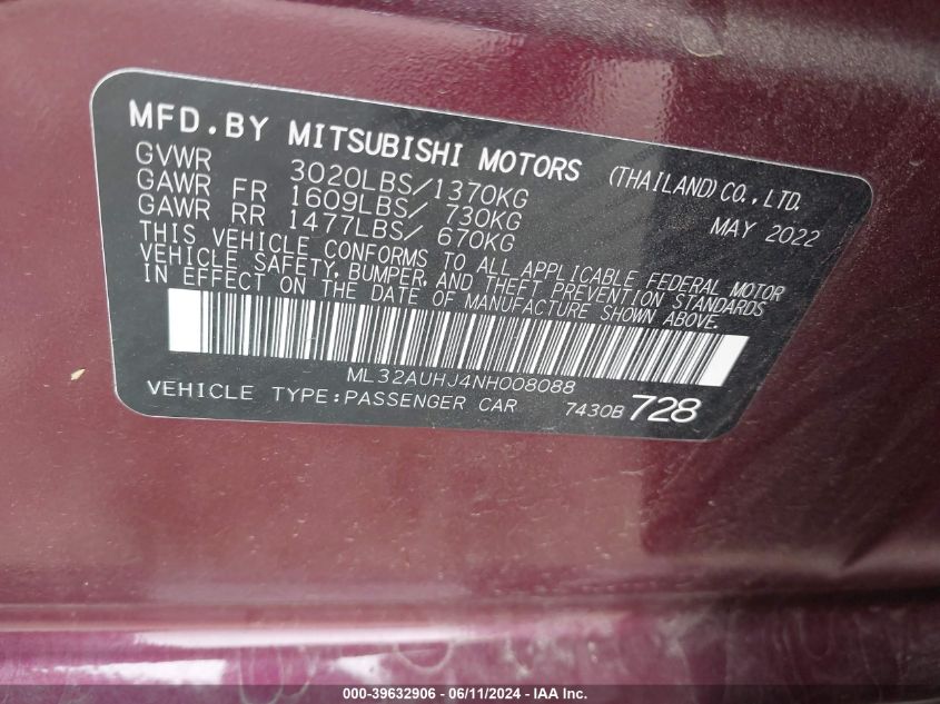 2022 Mitsubishi Mirage Es VIN: ML32AUHJ4NH008088 Lot: 39632906