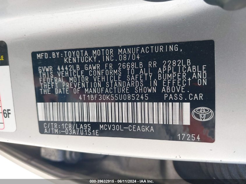 2005 Toyota Camry Xle V6 VIN: 4T1BF30K55U085245 Lot: 39632915