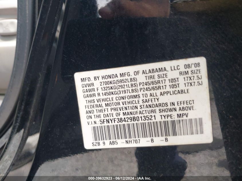 2009 Honda Pilot Ex VIN: 5FNYF38429B013521 Lot: 39632923