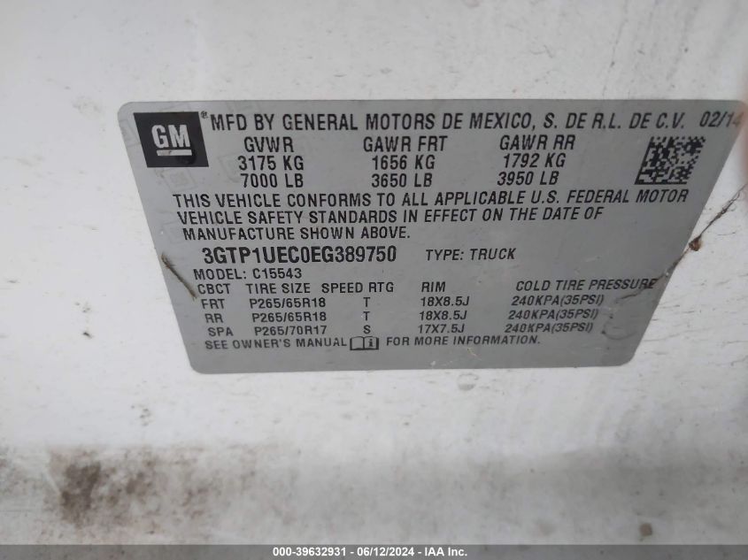 2014 GMC Sierra 1500 Sle VIN: 3GTP1UEC0EG389750 Lot: 39632931