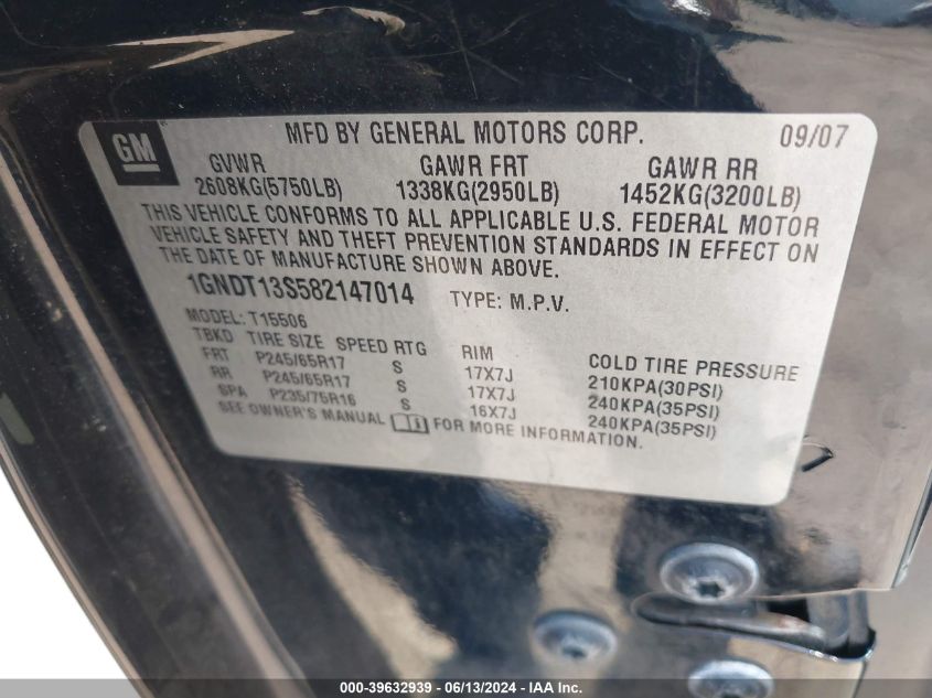 2008 Chevrolet Trailblazer Lt VIN: 1GNDT13S582147014 Lot: 39632939