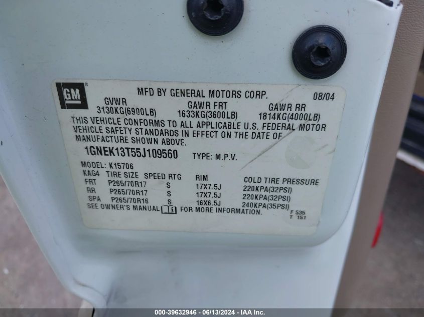 2005 Chevrolet Tahoe Lt VIN: 1GNEK13T55J109560 Lot: 39632946