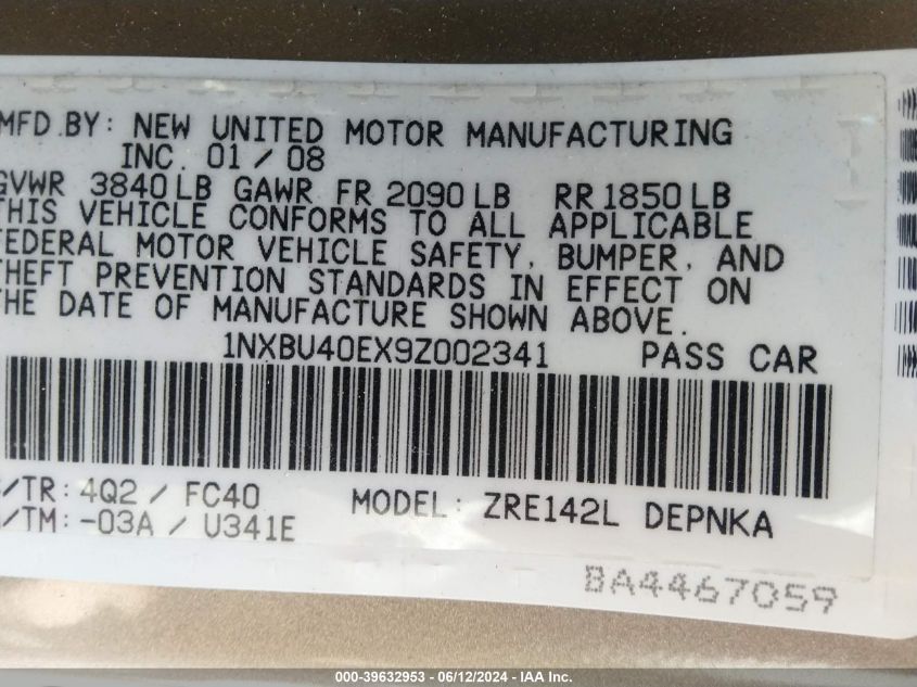 2009 Toyota Corolla Xle VIN: 1NXBU40EX9Z002341 Lot: 39632953