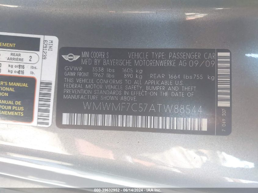 2010 Mini Cooper S VIN: WMWMF7C57ATW88544 Lot: 39632952