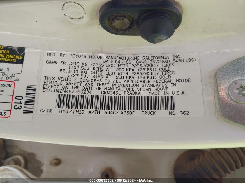 2006 Toyota Tacoma Base V6 VIN: 5TELU42N46Z260234 Lot: 39632962