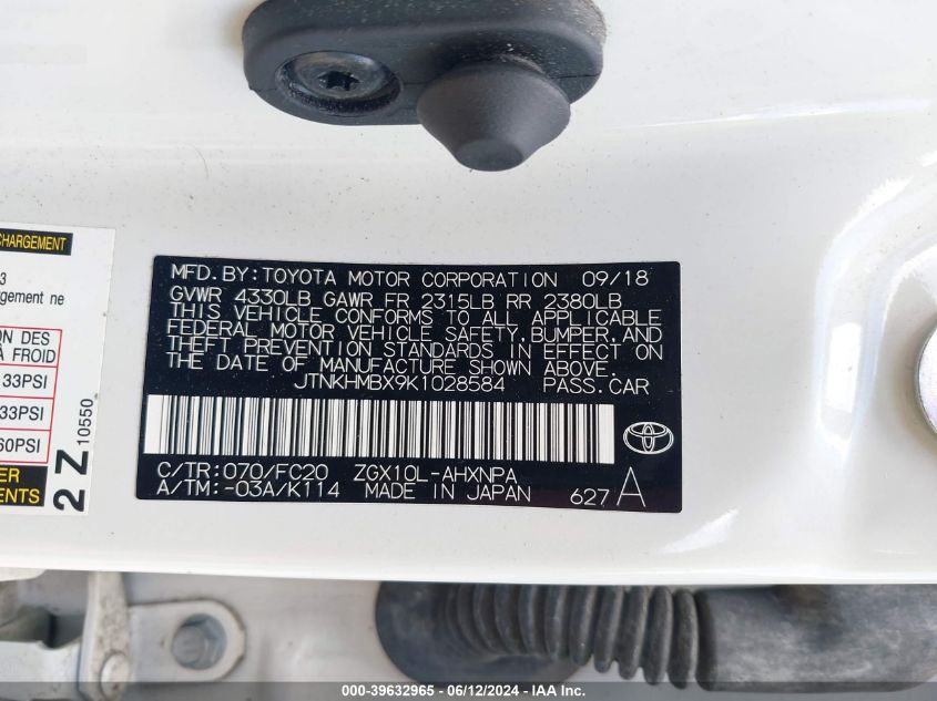 2019 Toyota C-Hr Le VIN: JTNKHMBX9K1028584 Lot: 39632965