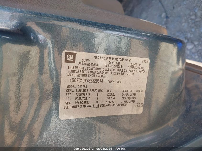 2008 Chevrolet Silverado 1500 Work Truck VIN: 1GCEC19X48Z329374 Lot: 39632973