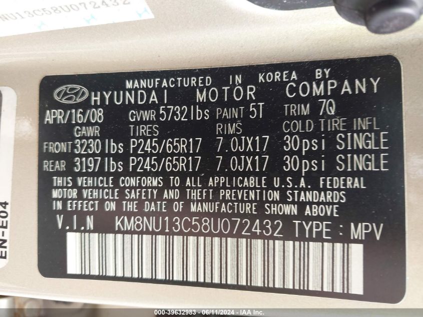 2008 Hyundai Veracruz Gls/Limited/Se VIN: KM8NU13C58U070432 Lot: 39632983