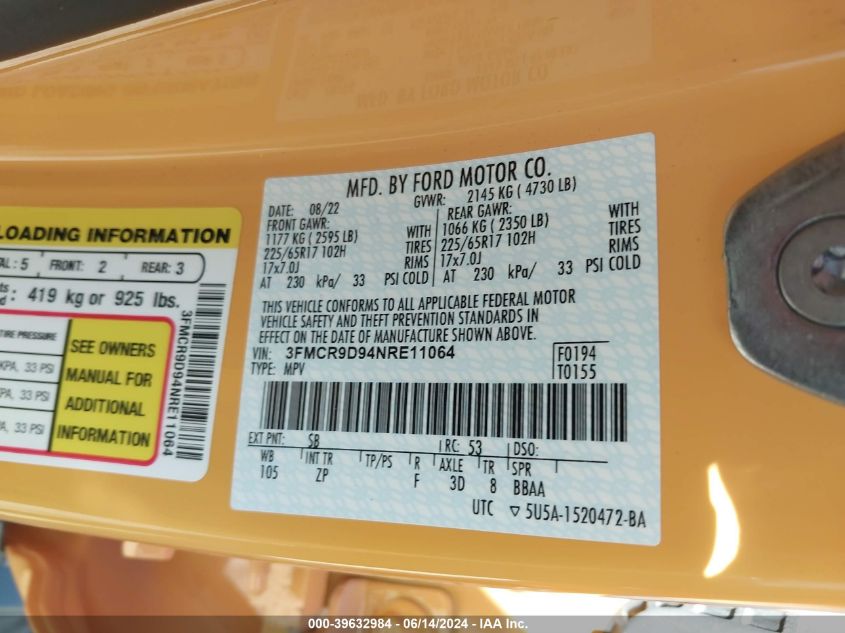 2022 Ford Bronco Sport Badlands VIN: 3FMCR9D94NRE11064 Lot: 39632984