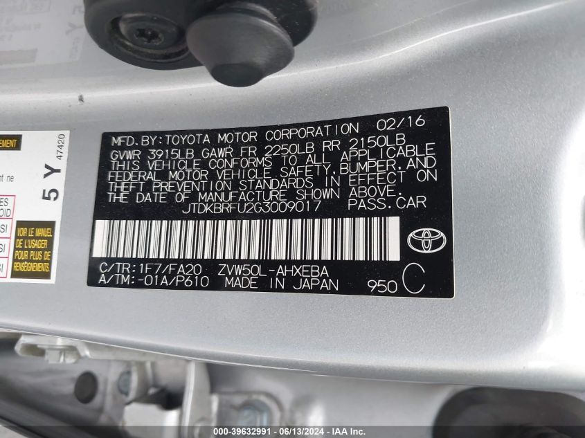 2016 Toyota Prius Two VIN: JTDKBRFU2G3009017 Lot: 39632991