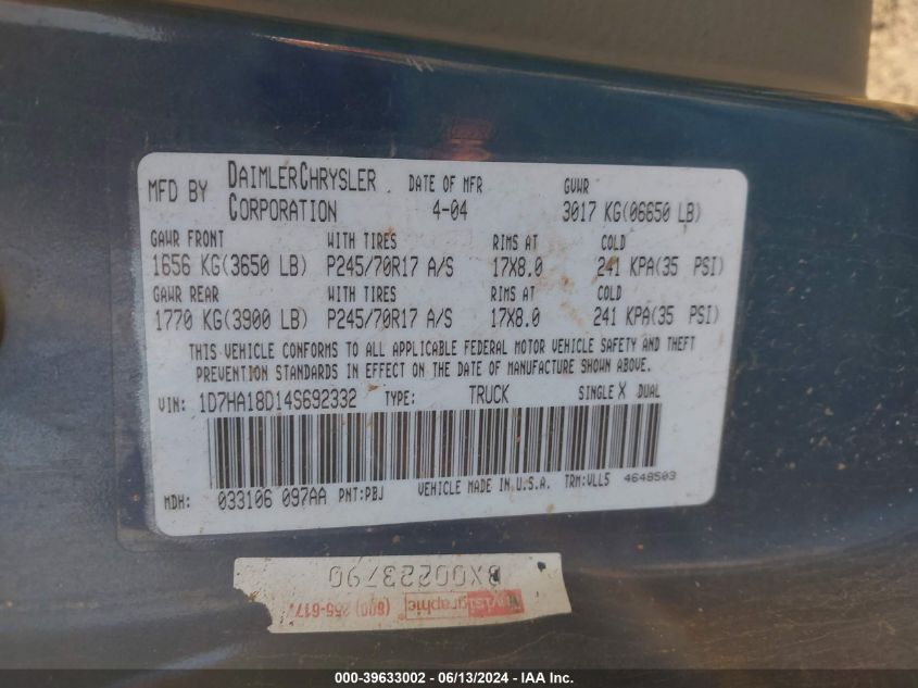 2004 Dodge Ram 1500 Slt/Laramie VIN: 1D7HA18D14S692332 Lot: 39633002