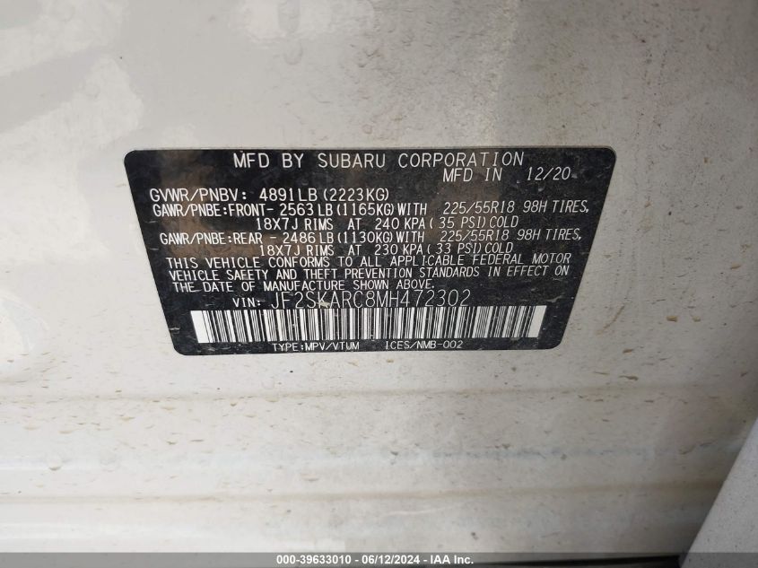 2021 Subaru Forester Sport VIN: JF2SKARC8MH472302 Lot: 39633010