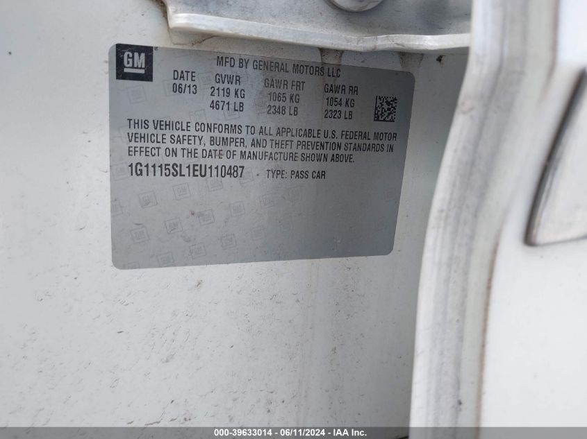 2014 Chevrolet Impala 1Lt VIN: 1G1115SL1EU110487 Lot: 39633014