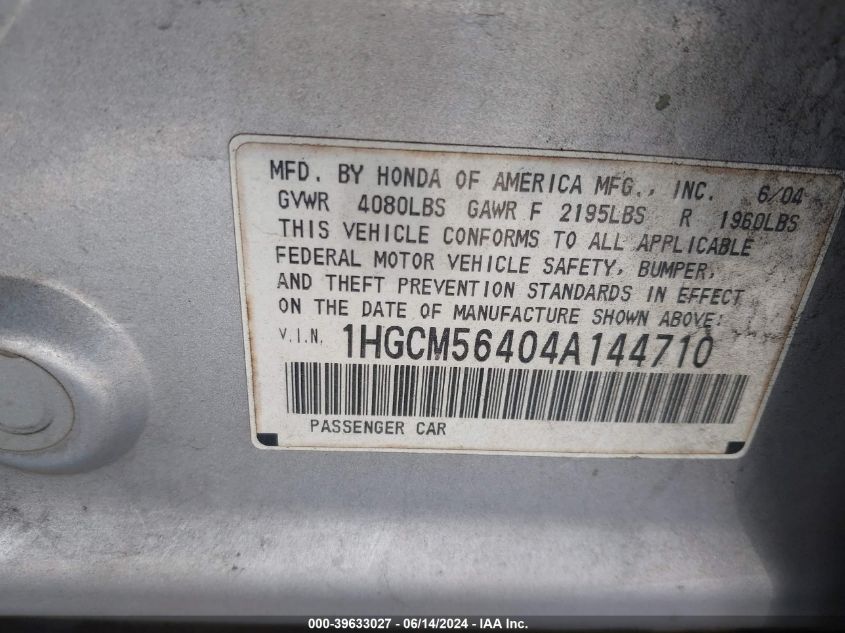 2004 Honda Accord 2.4 Lx VIN: 1HGCM56404A144710 Lot: 39633027