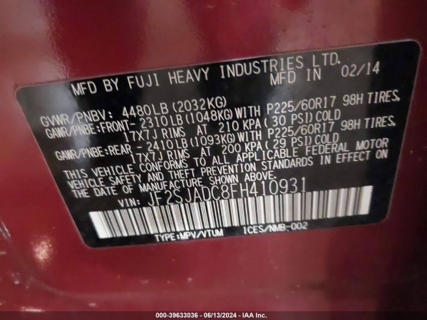 2015 Subaru Forester 2.5I Premium VIN: JF2SJADC8FH410931 Lot: 39633036