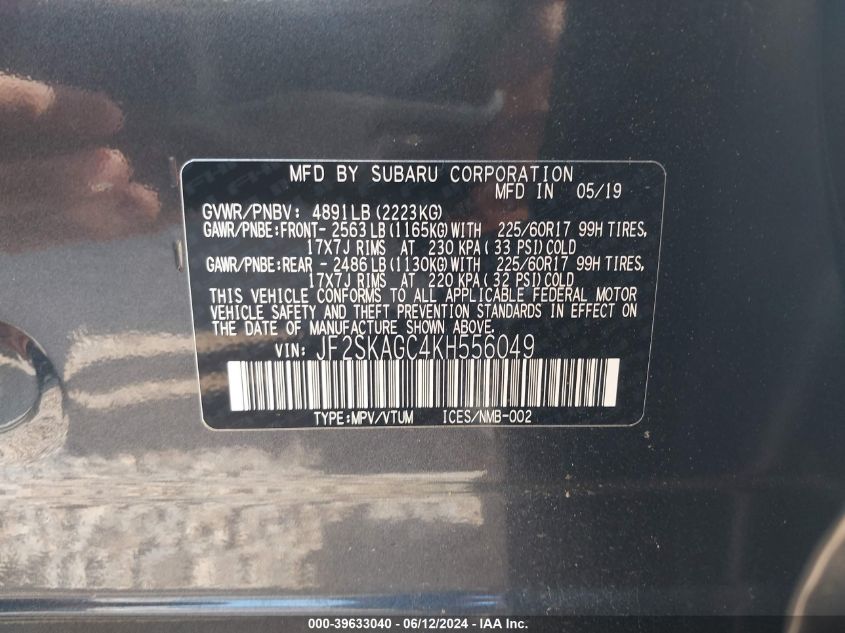 2019 Subaru Forester Premium VIN: JF2SKAGC4KH556049 Lot: 39633040