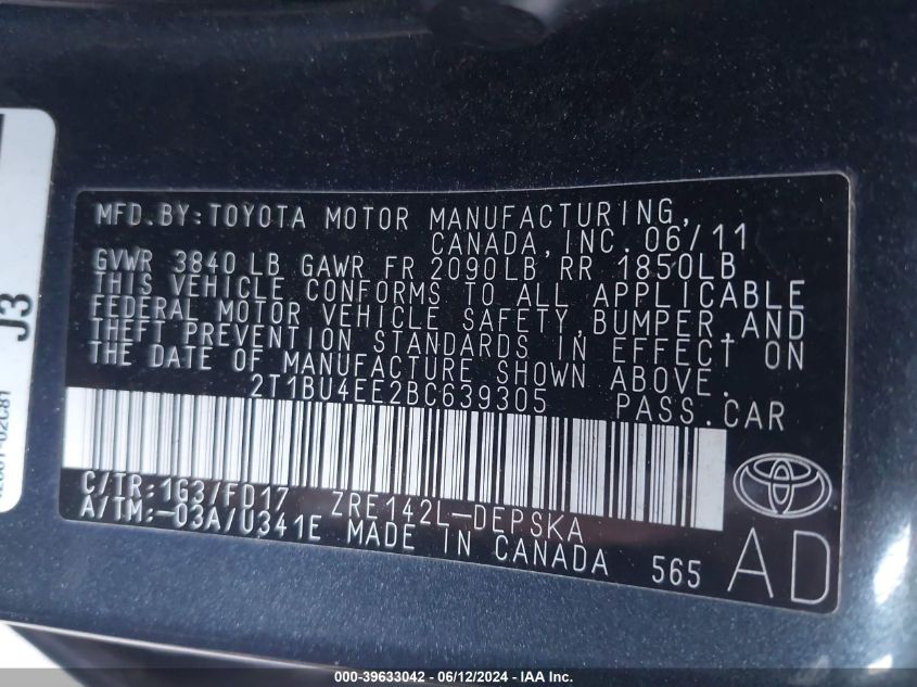 2011 Toyota Corolla S VIN: 2T1BU4EE2BC639305 Lot: 39633042