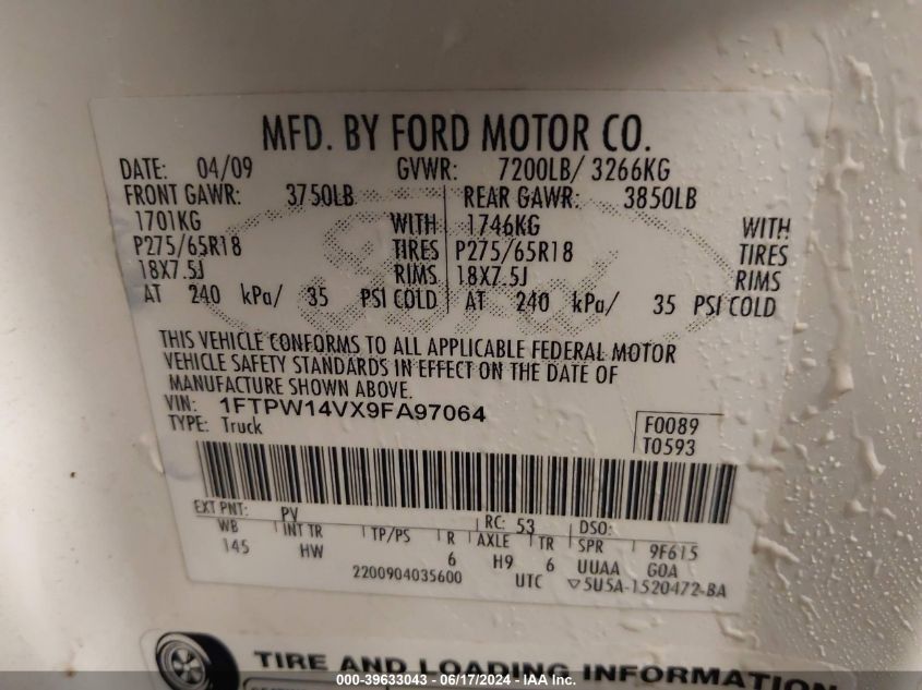 2009 Ford F-150 Lariat VIN: 1FTPW14VX9FA97064 Lot: 39633043