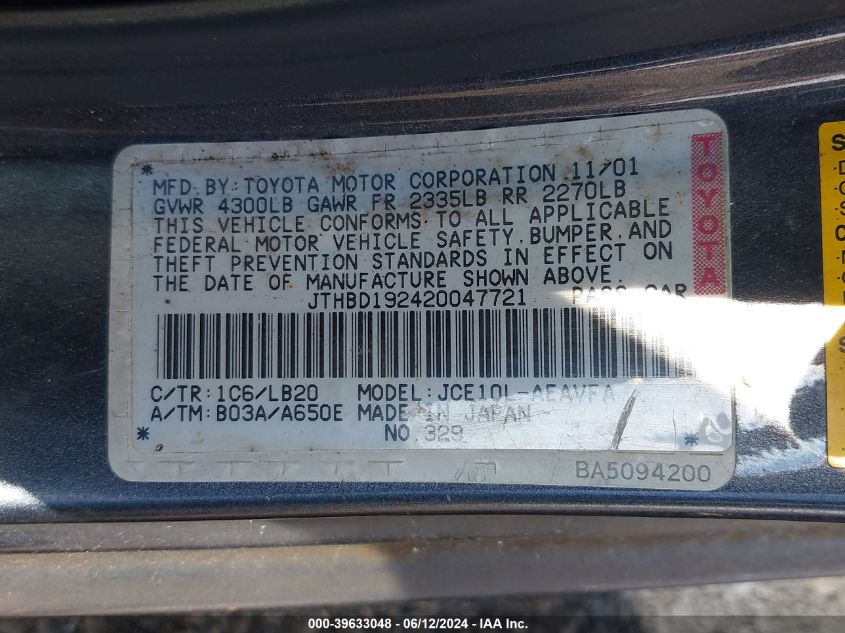 2002 Lexus Is 300 VIN: JTHBD192420047721 Lot: 39633048