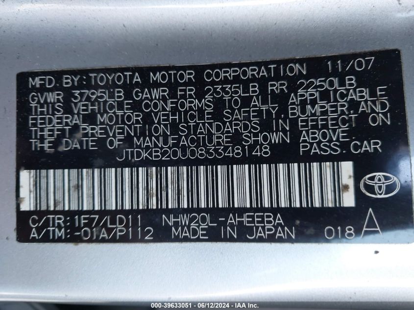 2008 Toyota Prius VIN: JTDKB20U083348148 Lot: 39633051