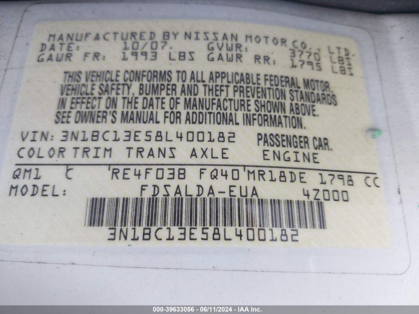 2008 Nissan Versa 1.8S VIN: 3N1BC13E58L400182 Lot: 39633056