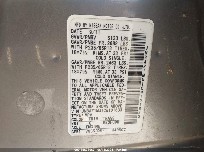 2012 Nissan Murano Sl VIN: JN8AZ1MU1CW101633 Lot: 39633067