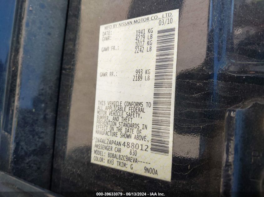 2010 Nissan Altima 2.5 S VIN: 1N4AL2AP4AN488012 Lot: 39633079