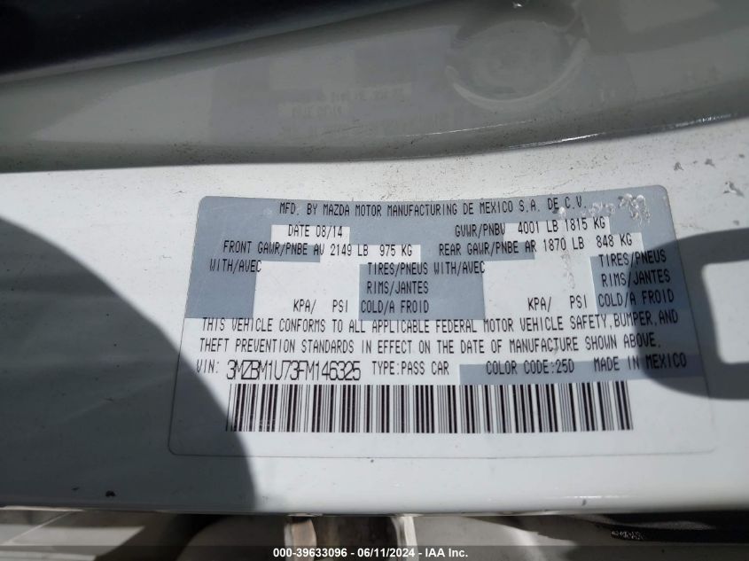 2015 Mazda Mazda3 I Sport VIN: 3MZBM1U73FM146325 Lot: 39633096