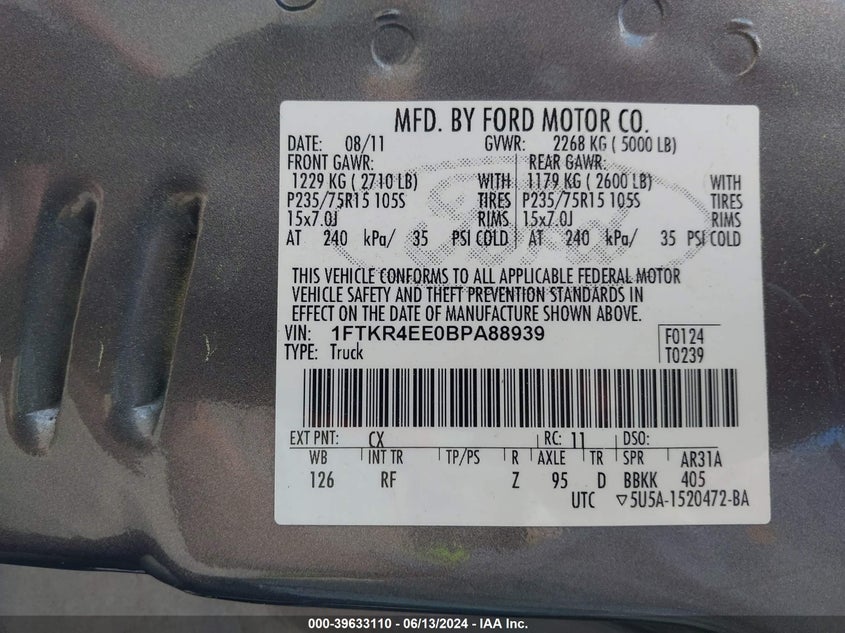 2011 Ford Ranger Sport VIN: 1FTKR4EE0BPA88939 Lot: 39633110