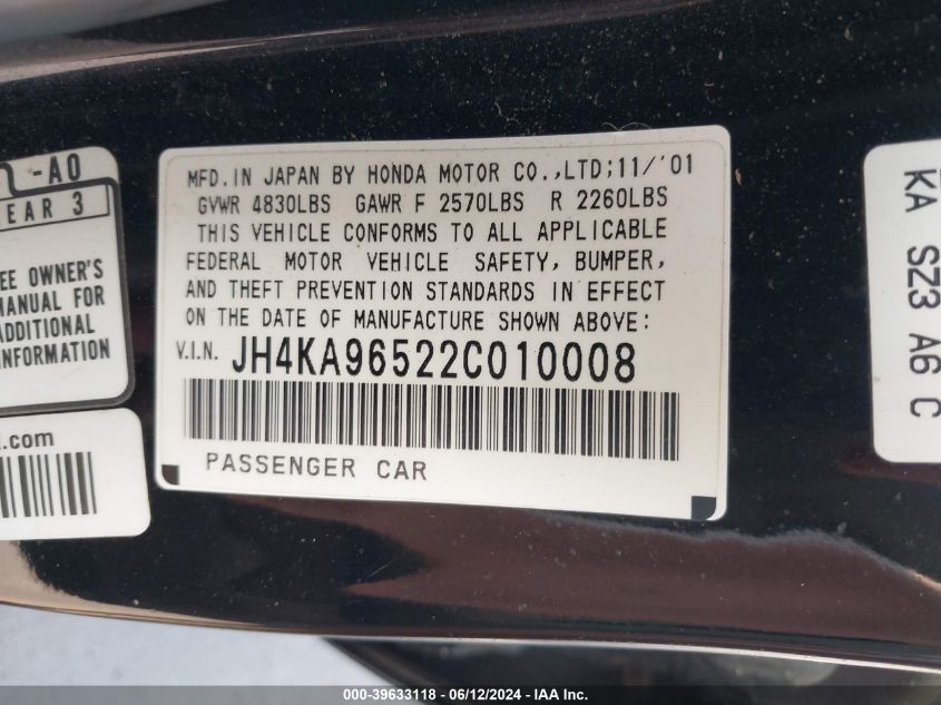 2002 Acura Rl 3.5 VIN: JH4KA96522C010008 Lot: 39633118