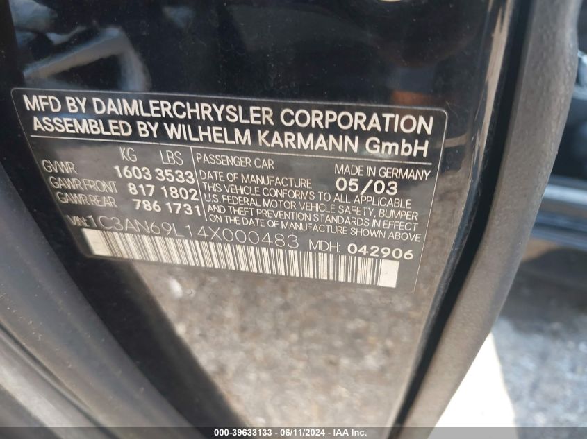 2004 Chrysler Crossfire VIN: 1C3AN69L14X000483 Lot: 39633133