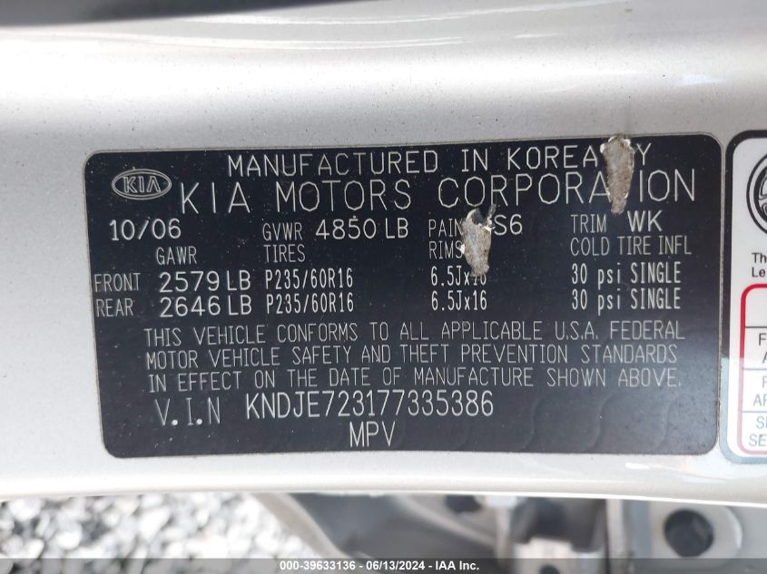 2007 Kia Sportage Ex V6 VIN: KNDJE723177335386 Lot: 39633136