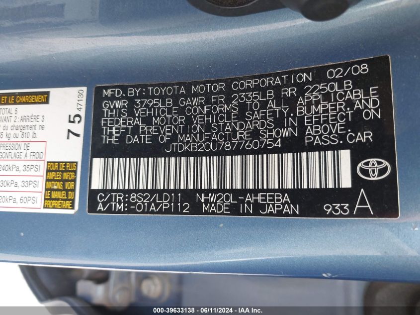 2008 Toyota Prius VIN: JTDKB20U787760754 Lot: 39633138