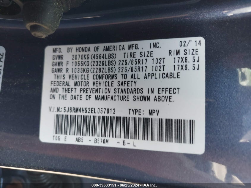 2014 Honda Cr-V Ex VIN: 5J6RM4H52EL057013 Lot: 39633151