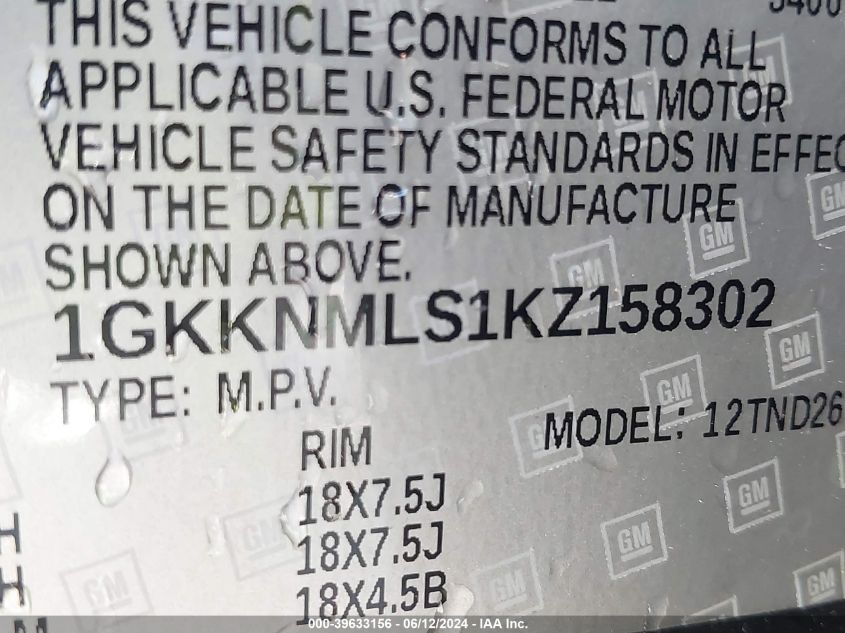 2019 GMC Acadia Slt-1 VIN: 1GKKNMLS1KZ158302 Lot: 39633156