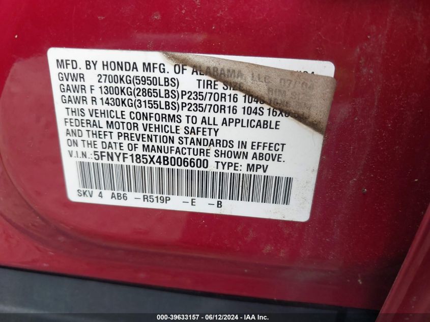 2004 Honda Pilot Ex-L VIN: 5FNYF185X4B006600 Lot: 39633157