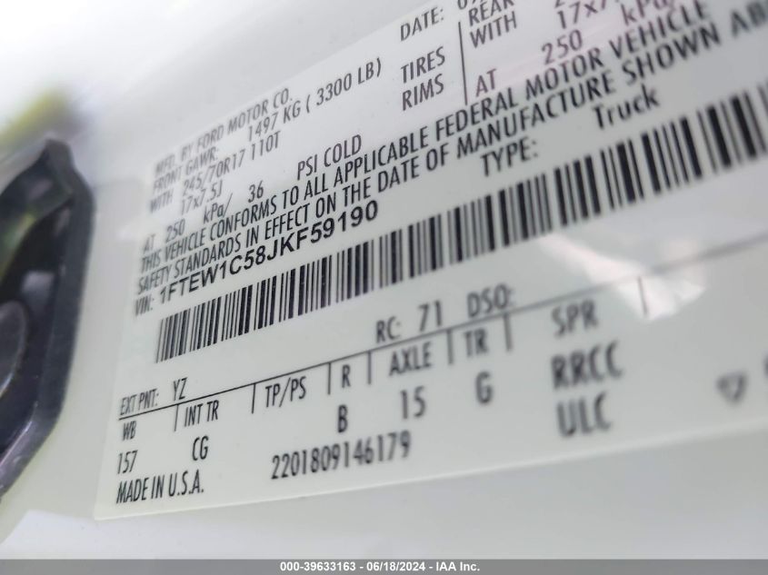 2018 Ford F-150 Xl VIN: 1FTEW1C58JKF59190 Lot: 39633163