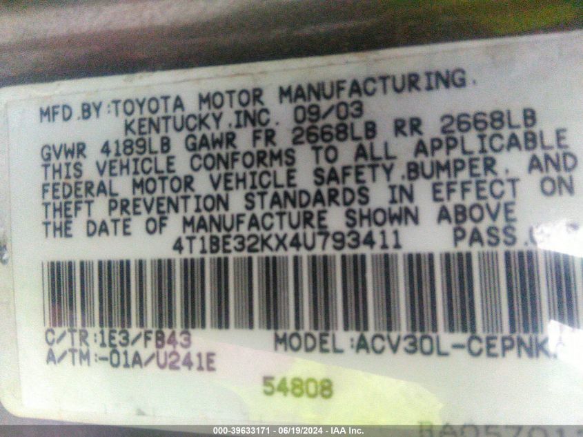 2004 Toyota Camry Le VIN: 4T1BE32KX4U793411 Lot: 39633171