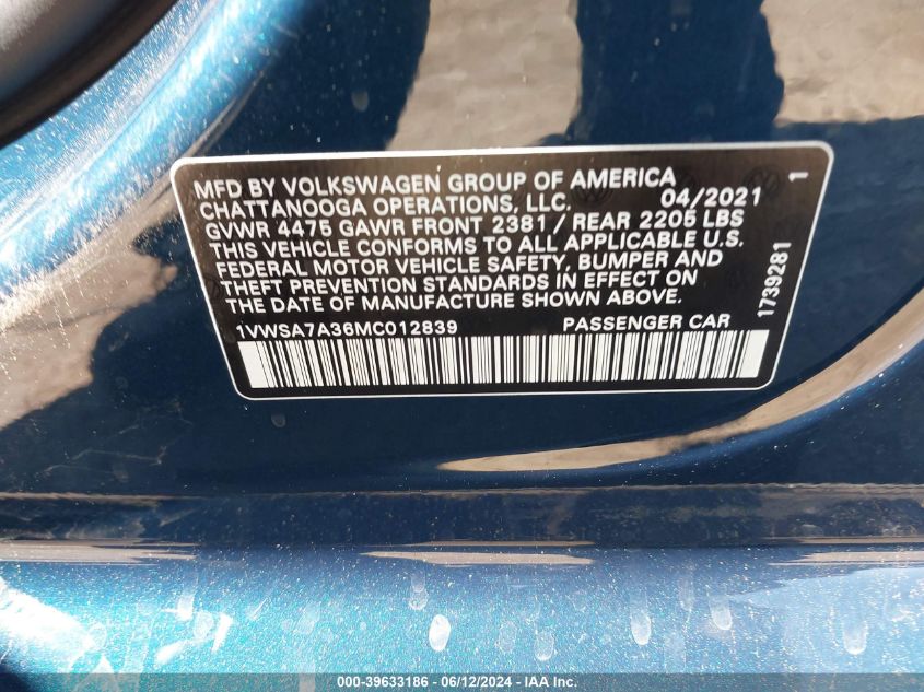 2021 Volkswagen Passat 2.0T Se VIN: 1VWSA7A36MC012839 Lot: 39633186