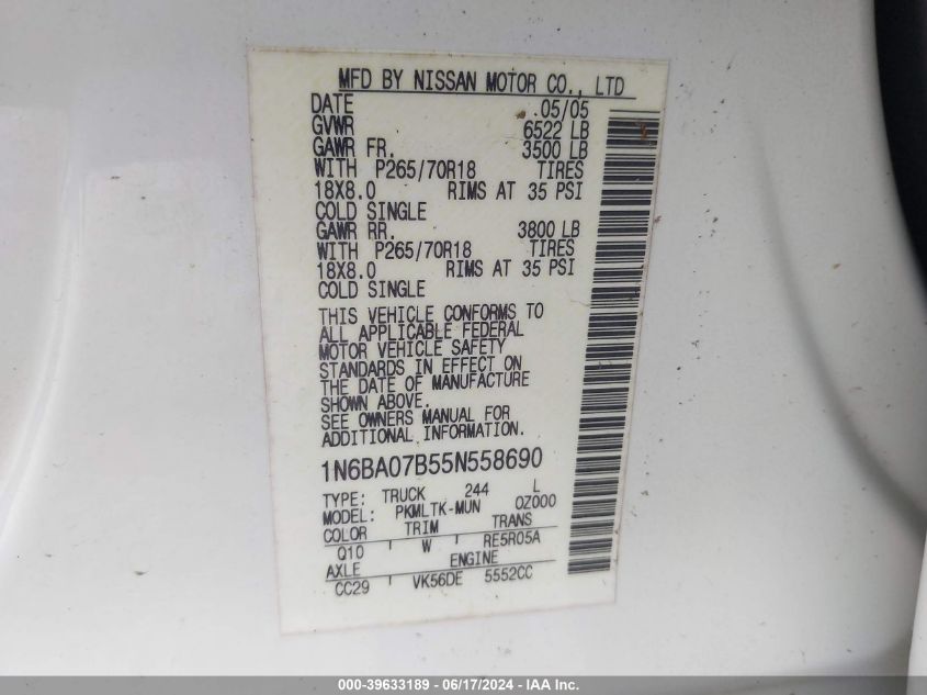 2005 Nissan Titan Se VIN: 1N6BA07B55N558690 Lot: 39633189