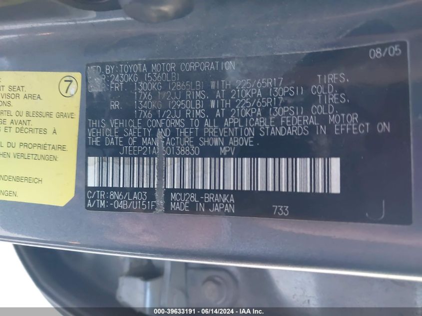 2006 Toyota Highlander Limited V6 VIN: JTEEP21A460138830 Lot: 39633191