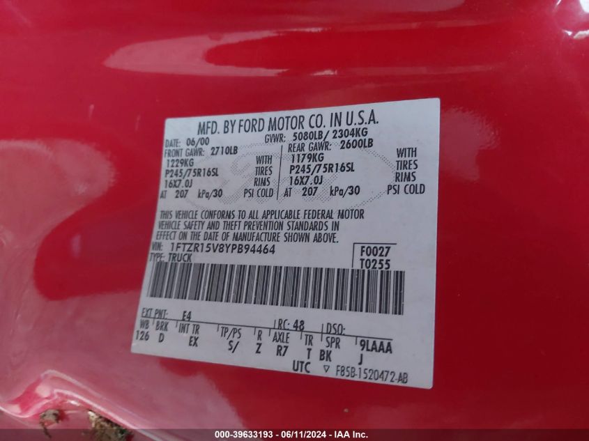 2000 Ford Ranger Xl/Xlt VIN: 1FTZR15V8YPB94464 Lot: 39633193